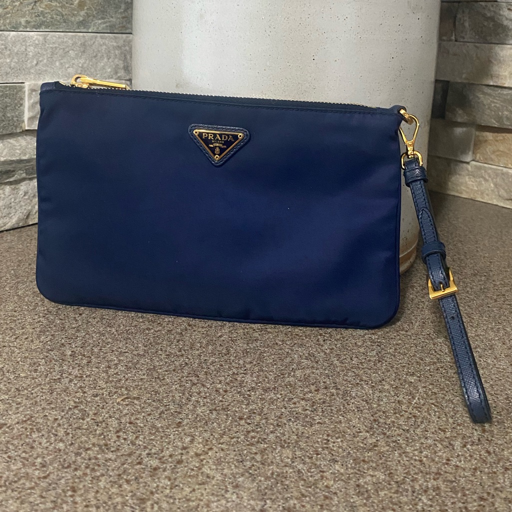 Prada Tessuto Triangle Logo Women's Nylon Pouch Navy